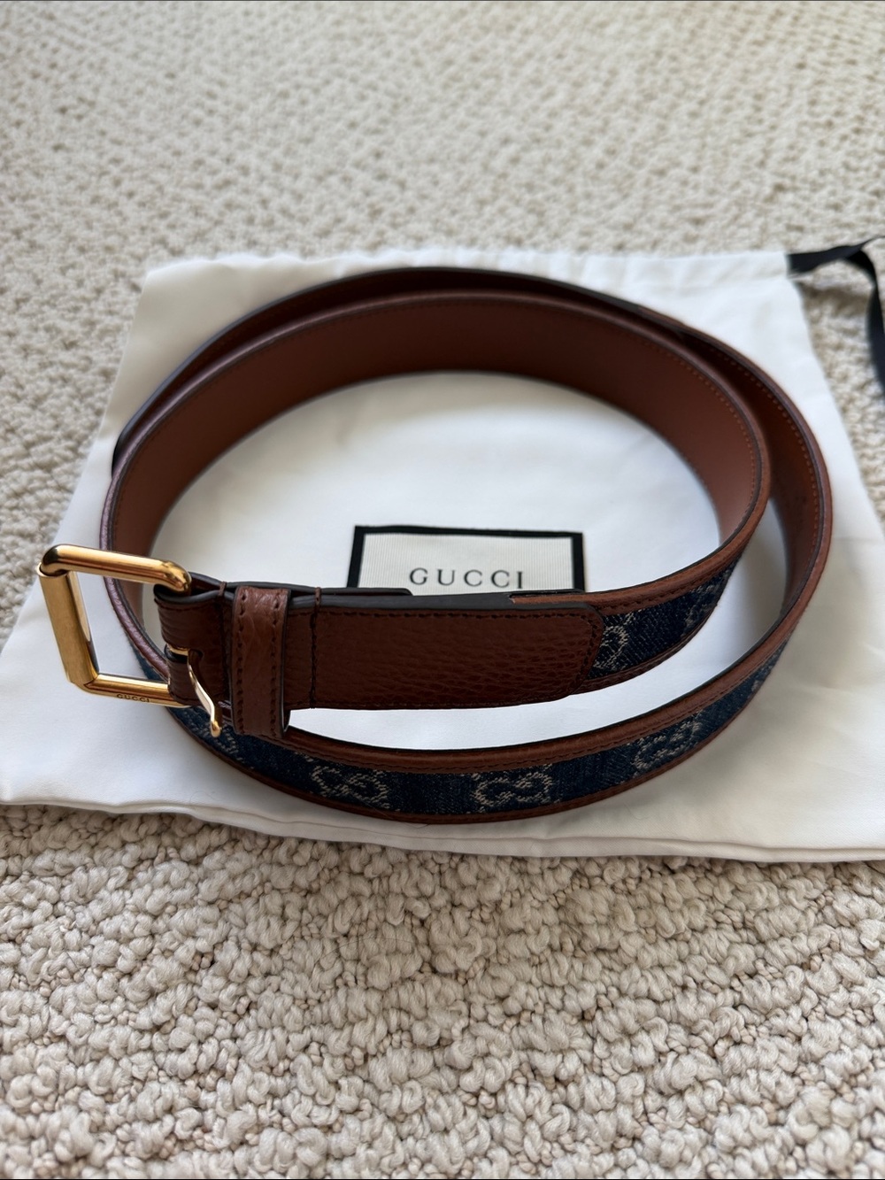 Gucci Brown Leather Belt with Blue GG Denim Trim and Gold Buckle